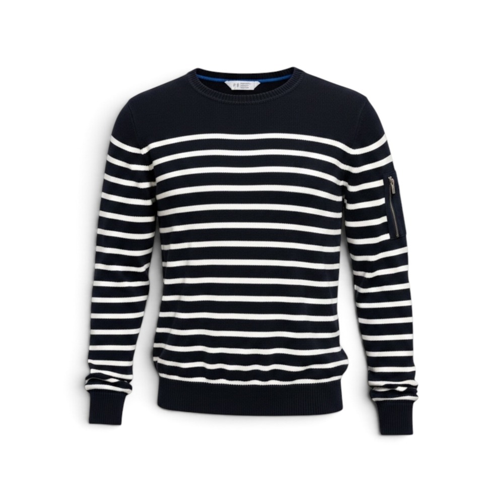 HM Navy Blue White Striped Cotton Crew Neck Sweater Zipper Arm Pocket US 14Y+ Sm